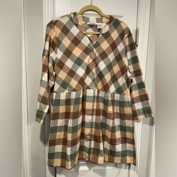 NWOT Serengeti Size XL Long Sleeve Sage Pink Check Flannel Button Up Mini Dress - Picture 1 of 9